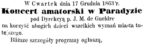 Koncert w Paradyz 17.12.1863. Łódzkie Ogłoszenia - Lodzer Anzeiger 09.12.1863 nr 3. Zbiory WBP w Łodzi.