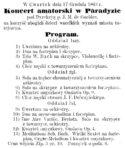 Koncert w Paradyz 17.12.1863. Łódzkie Ogłoszenia - Lodzer Anzeiger 16.12.1863 nr 5. Zbiory WBP w Łodzi.