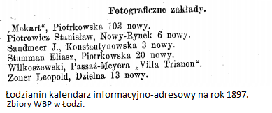 Zakłady Fotograficzne w Łodzi. Łodzianin kalendarz informacyjno-adresowy na rok 1897 - zbiory WBP w Łodzi.