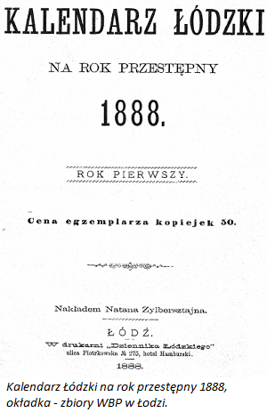 Kalendarz Łódzki na rok przestępny 1888 - strona tytułowa. Zbiory WBP w Łodzi.