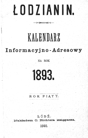 Łodzianin kalendarz informacyjno-adresowy na rok 1893 - strona tytułowa. Zbiory WBP w Łodzi.
