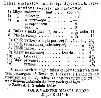 Taksa wiktuałów na miesiąc styczeń 1864 - Łódzkie Ogłoszenia - Lodzer Anzeiger 01.1864 nr 2. Zbiory WBP w Łodzi.