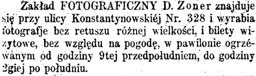 Zakład Fotograficzny Dominika Zonera. Łódzkie Ogłoszenia - Lodzer Anzeiger 02.12.1863 nr 1; Zbiory WBP w Łodzi.