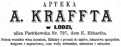 Apteka A. Kraffta ogłoszenie 1893, foto: Łodzianin kalendarz informacyjno-adresowy na rok 1893. Zbiory WBP w Łodzi.