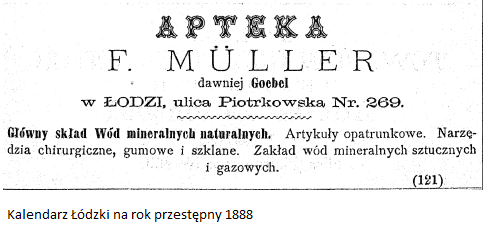 Apteka F. Müllera - Kalendarz Łódzki na rok przestępny 1888 - Zbiory WBP w Łodzi.