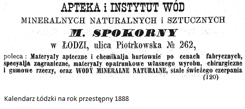 Apteka M. Spokornego - Kalendarz Łódzki na rok przestępny 1888- Zbiory WBP w Łodzi.