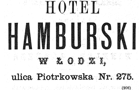 Hotel Hamburski 1888. Kalendarz Łódzki na rok przestępny 1888. Zbiory WBP w Łodzi.