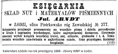 Księgarnia Juliusza Arndta - kalendarz Łódzki na rok przestępny 1888 - zbiory WBP w Łodzi.