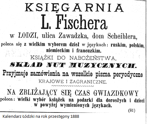 Księgarnia Ludwika Fischera w 1888 - Kalendarz Łódzki na rok przestępny 1888 - zbiory WBP w Łodzi.