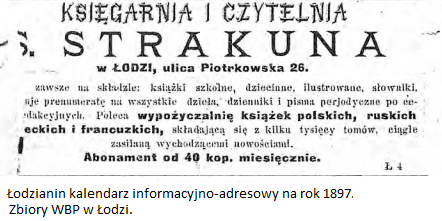 Księgarnia i Czytelnia Salomona G. Strakuna - Łodzianin kalendarz informacyjno-adresowy na rok 1897 - zbiory WBP w Łodzi.