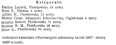 Łodzianin kalendarz informacyjno-adresowy na rok 1897. Zbiory WBP w Łodzi.